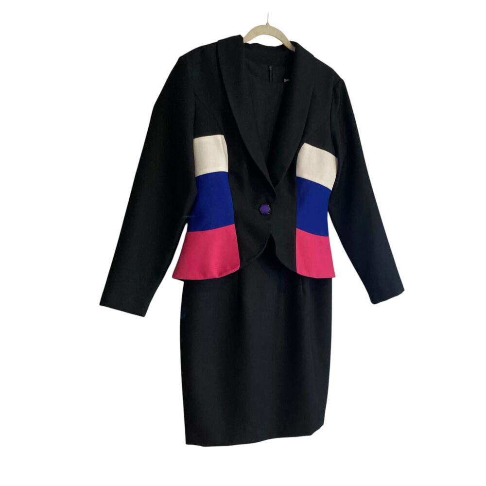 Vintage 80s Leslie Lucks Black Blue Stripe Button Blazer Sheath Dress Set Sz 10 - Picture 3 of 16